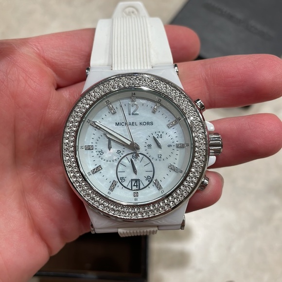 Michael Kors Bel Aire ceramic white crystal Chrono ladies Watch MK-5392 Euc box